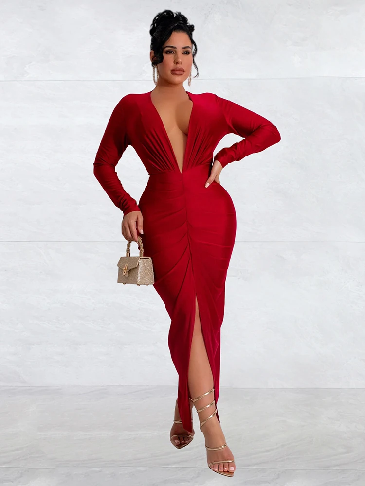 Wishyear elegancka sukienka koktajlowa dla kobiet czerwona z długim rękawem głęboki dekolt w serek z przodu rozcięcie Bodycon przyjęcie urodzinowe nocne Vestidos — zdjęcie 2