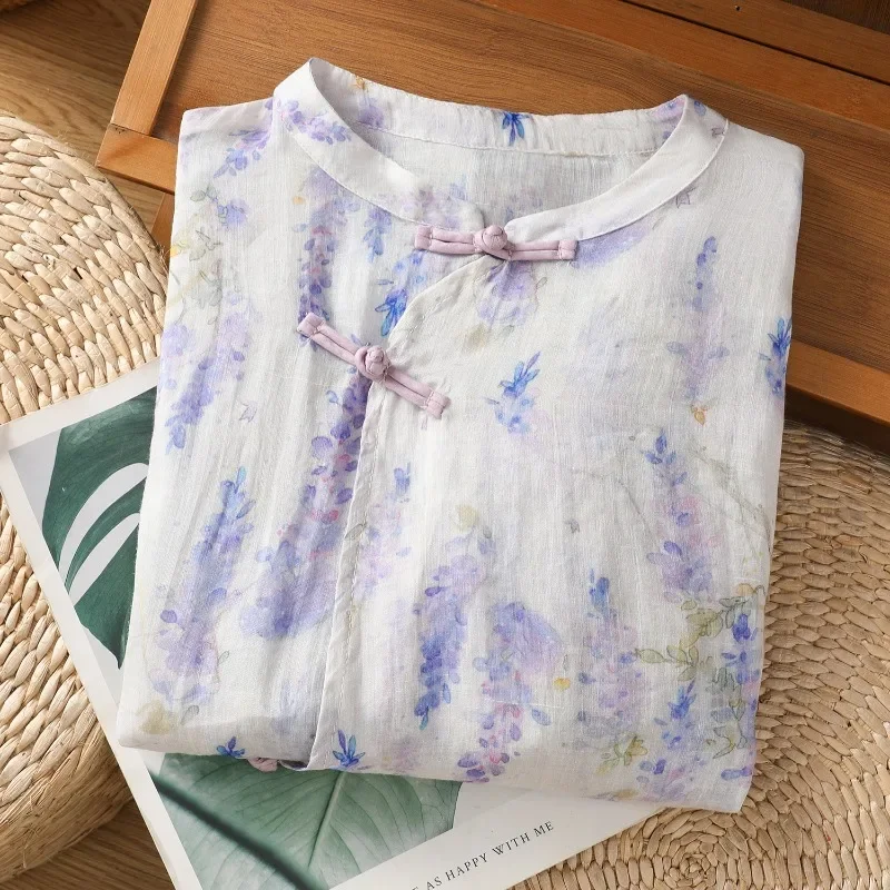 

Chinese Style Women's Blouses Printed Shirts Fashion Loose Summer Clothing Short-sleeved Korean Cotton Linen Women Tops