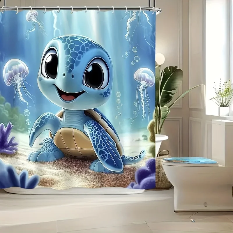 1pc Cartoon s-Themed Shower Curtain with Blue Turtle Design, Jellyfish and Bubble Elements for a Playful & Cozy Atmosphere, Wash