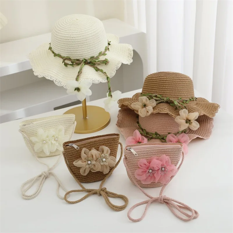 Straw Hat 2pcs Suit Cute and Shoulder Bag Girls Cartoon Bear Children Sun Hat Bag Set Spring Beach Hats For BoyGirl Kid Brim Cap