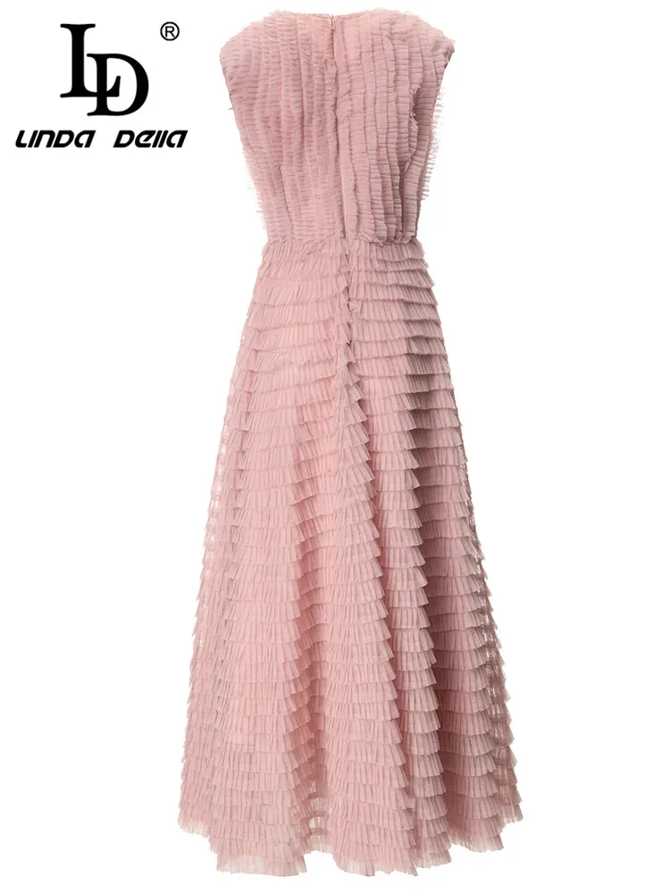 Imagem -04 - Linda Della Verão Vintage Designer Vestido Feminino Rosa sem Mangas Emenda Cintura Alta em Cascata Plissado Festa Vestido Longo ld