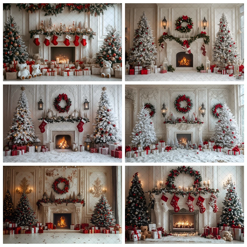 

White Wall Christmas Party Backdrop Photography Xmas Tree Gift Fireplace Background Baby Portrait Photographic Prop Photo Studio