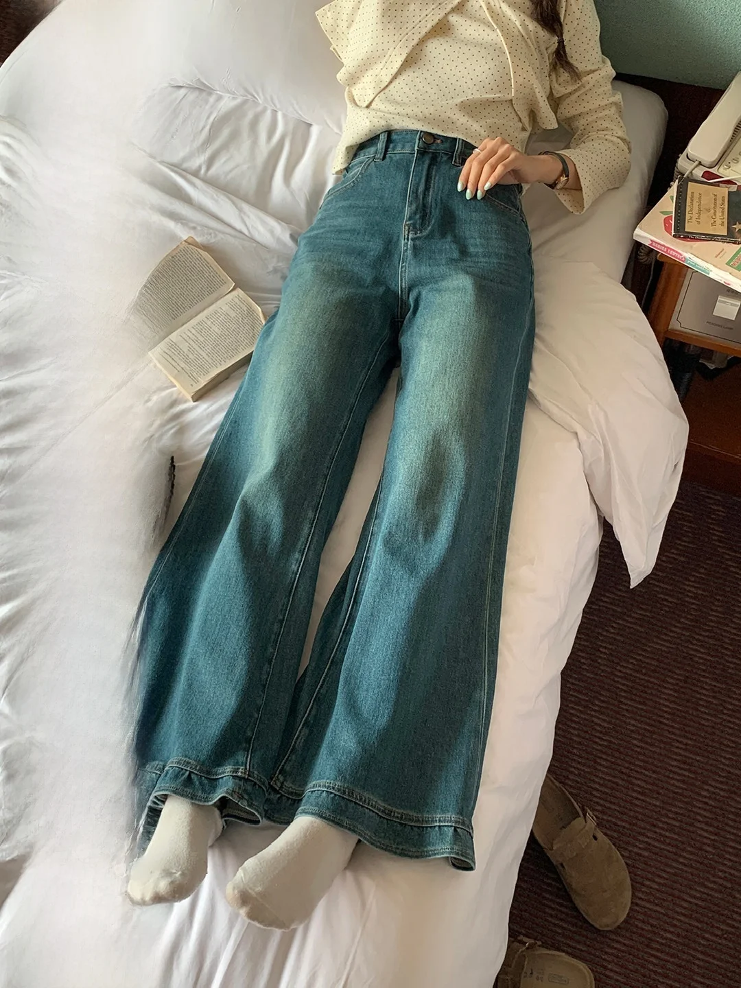 

Flared Wide Leg Denim Jeans High Waist Straight Korean Style Spring New Women's Ruffle Detail Loose Petite Size Imimtuan