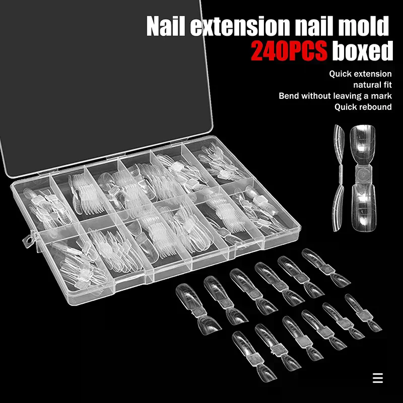 Moules d'extension de cercueil carrés réutilisables, Double extrémité pour ongles, 240 pièces/boîte, pointes de constructeur de Gel, Salon professionnel, Nail Art
