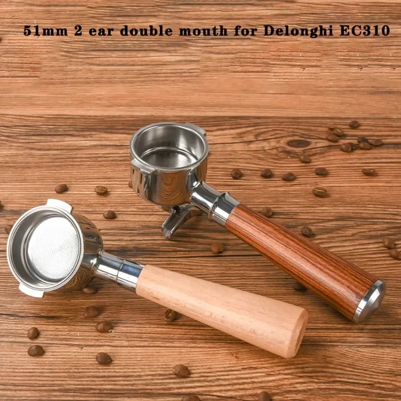 BANLEE Stainless Steel Coffee Portafilter, Double Spout, Espresso Tool, 2 Ears, Solid Wood Handle, 51mm for Delonghi