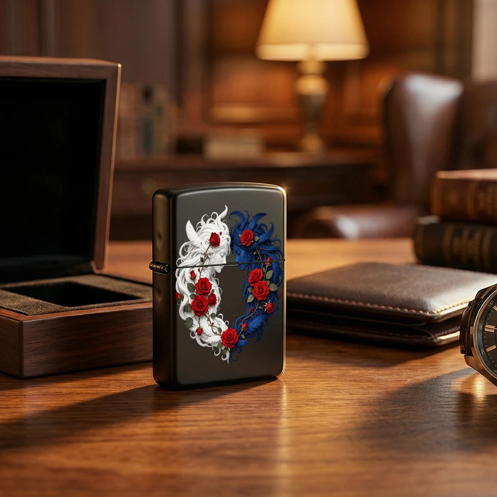 

Flip - Top Lighter Romantic Couple with Red Roses Feather Design for Wedding Gift