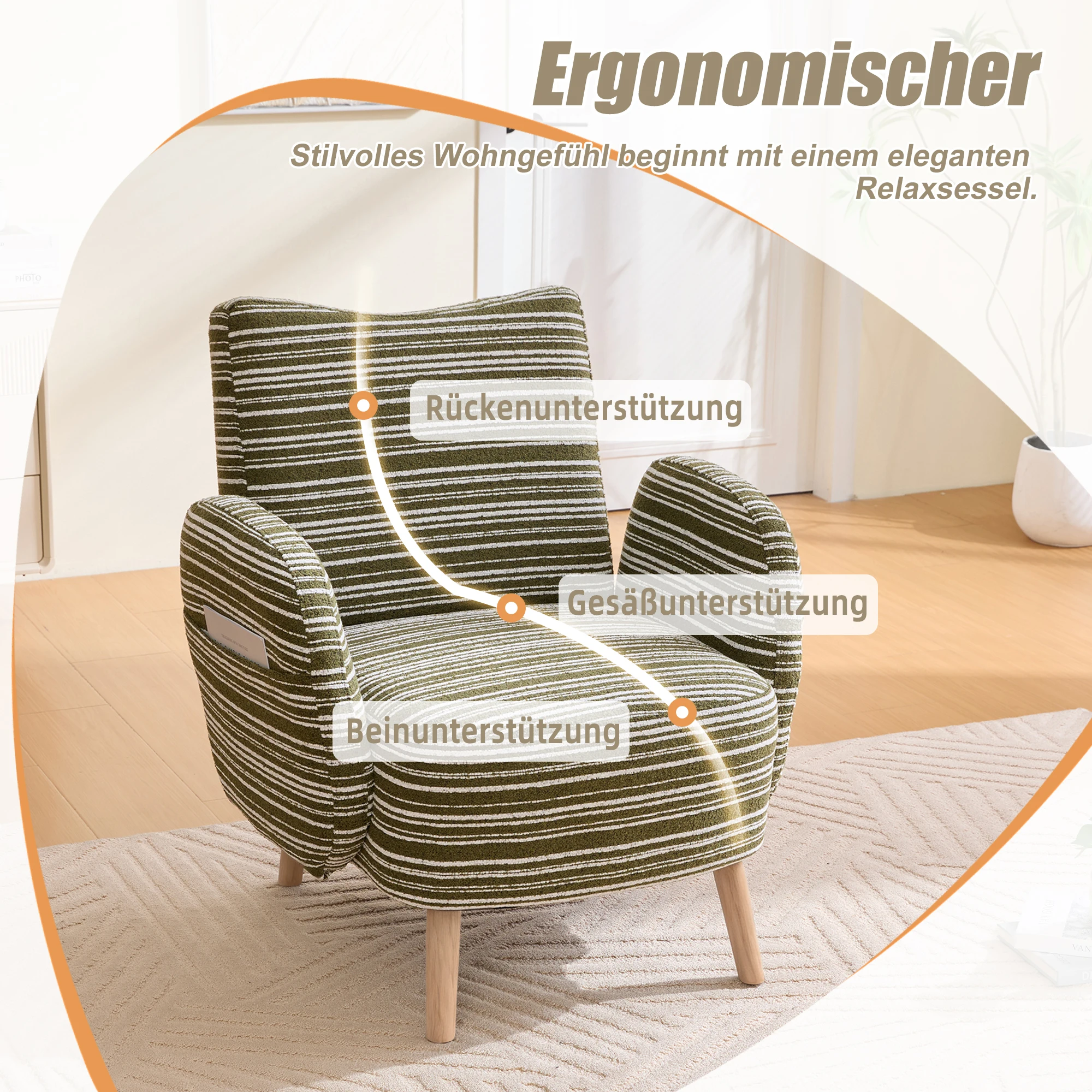 PINGGO Moderner Stoffsessel mit Seitentasche & Massivholzbeinen, Komfortabler Lesesessel für Wohnzimmer Schlafzimmer Büro – Detail 5