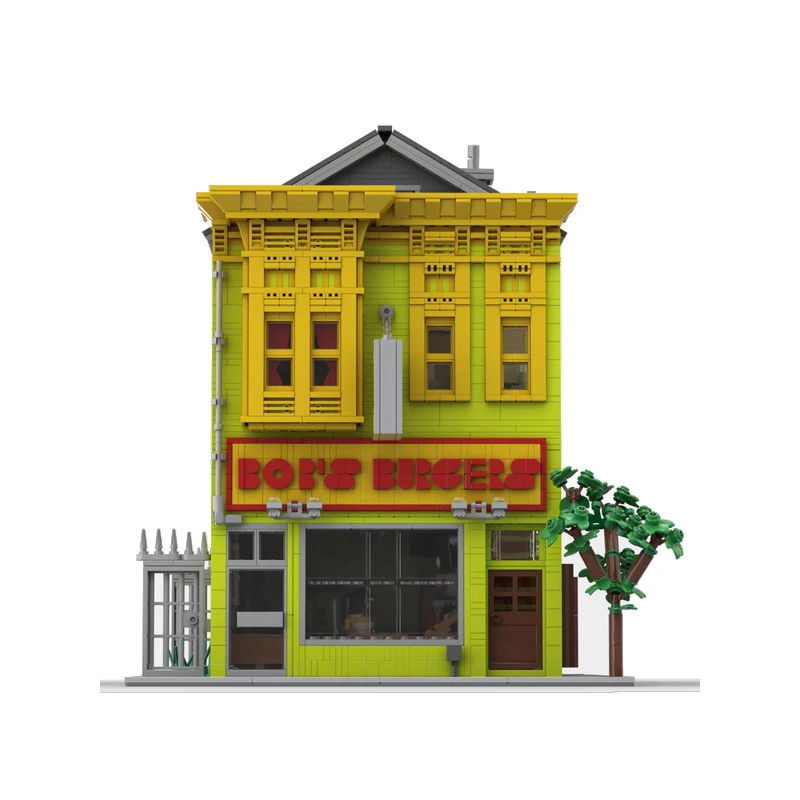 MOC City Street View Green Burgers House Modular Building Block Town Restaurant Collection Toy Gifts