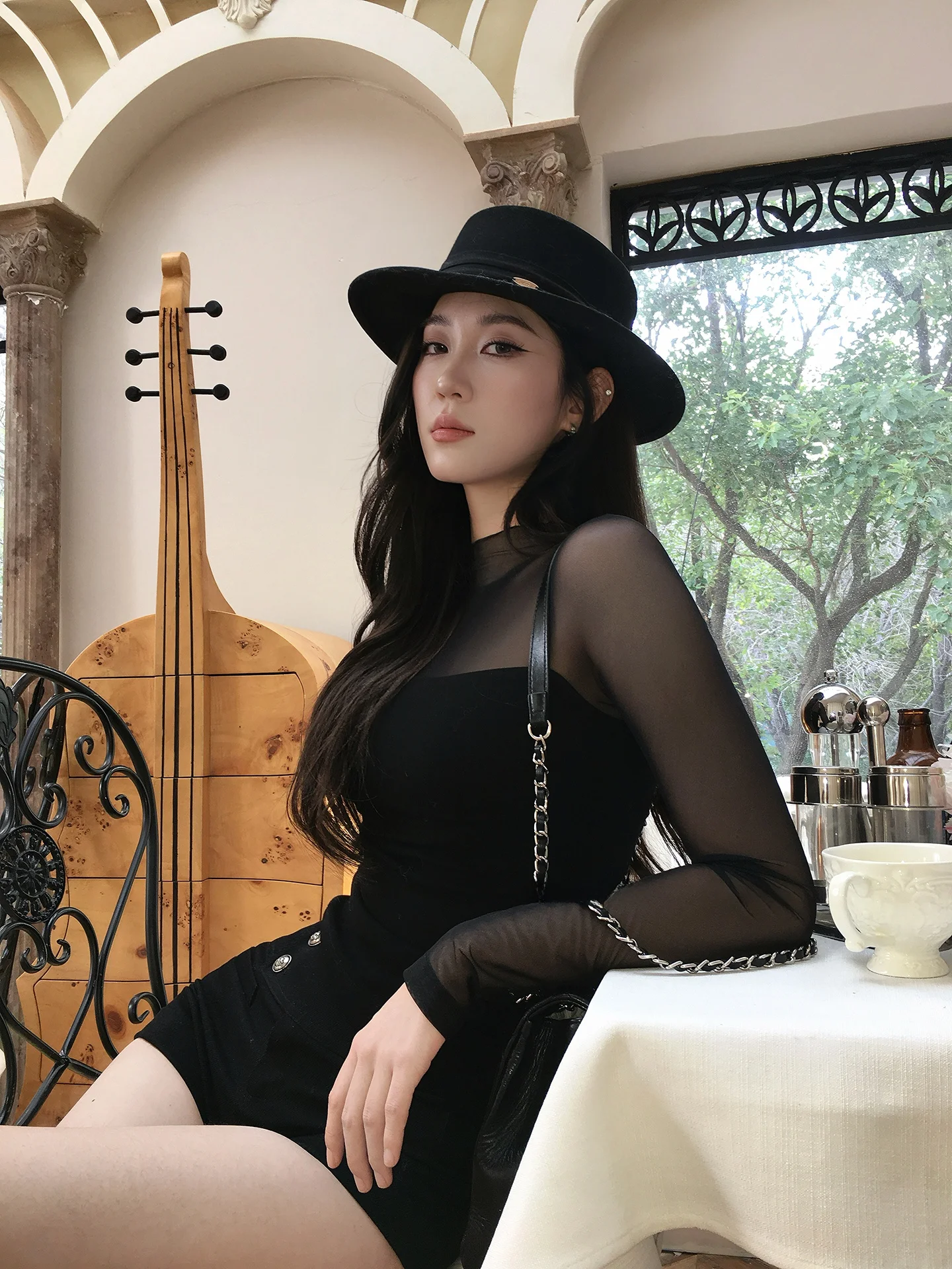 

He Chenxi Spring Summer Knitted Base Shirt Women's Slim Fit Inner Wear Mesh Splice Breathable Cotton Long Sleeve Color