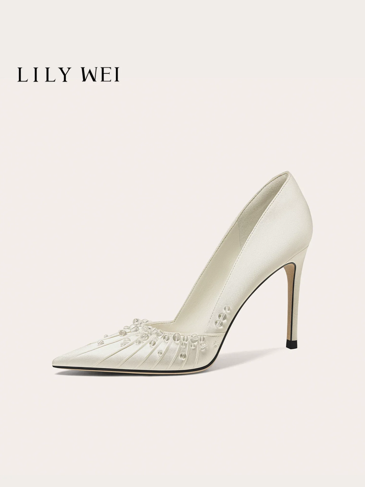 Spring new pointed satin pleated beaded wedding shoes, banquet big size small size widened version high heels women's shoes