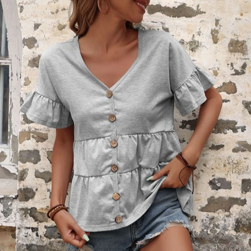 

Leisure Vacation Personality Commuting Loose V-neck Lotus Leaf Sleeve Solid Color Women's T-shirt