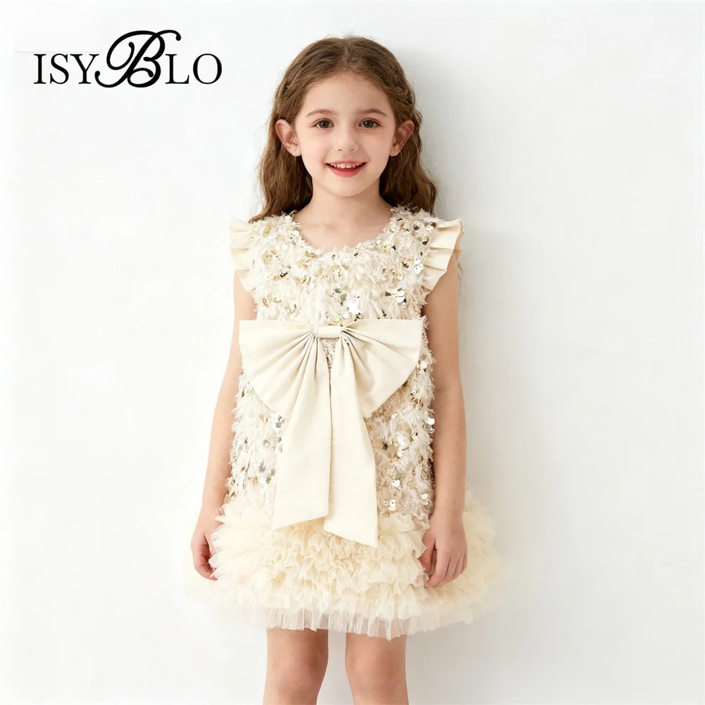 Sequined Dress for Chidren with Bow Beige Tutu Dresses from for Girls from 90-130cm Tall Real Images Christmas Party Gowns