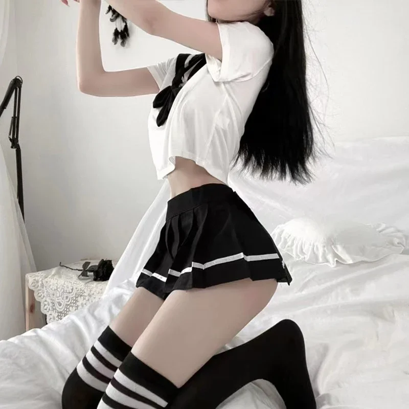 Japanese College Style Role-playing Pure Student Set Sweet Pleated Skirts Cute Girl Teasing JK Erotica Uniform Super Short Skirt