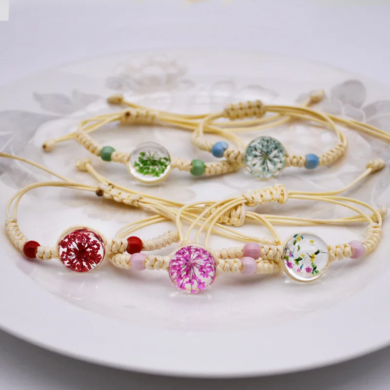 wg 1pc Handmade Natural Dried Flower Glass Ball Bracelet Bohemian  Dandelion Gypsophila Bracelet Women Wristband Jewellery Gifts