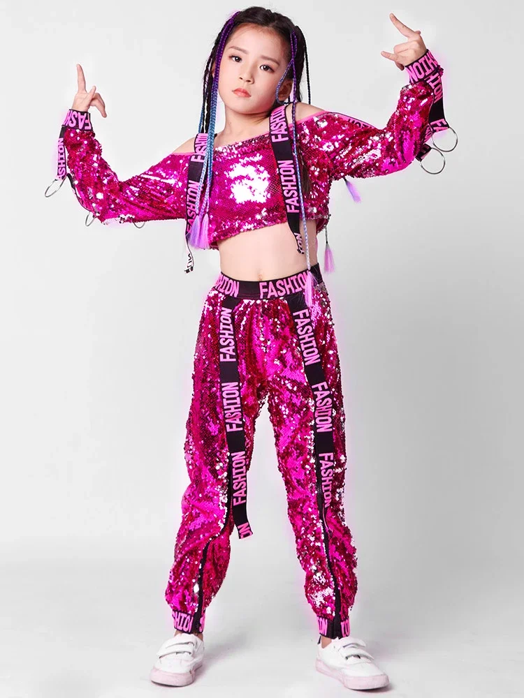 

Children Jazz Girl Hip Hop Dance Costumes Children Red Silver Sequin Coat Pants Kids Street Dancing Clothing Ballroom Stage Wear