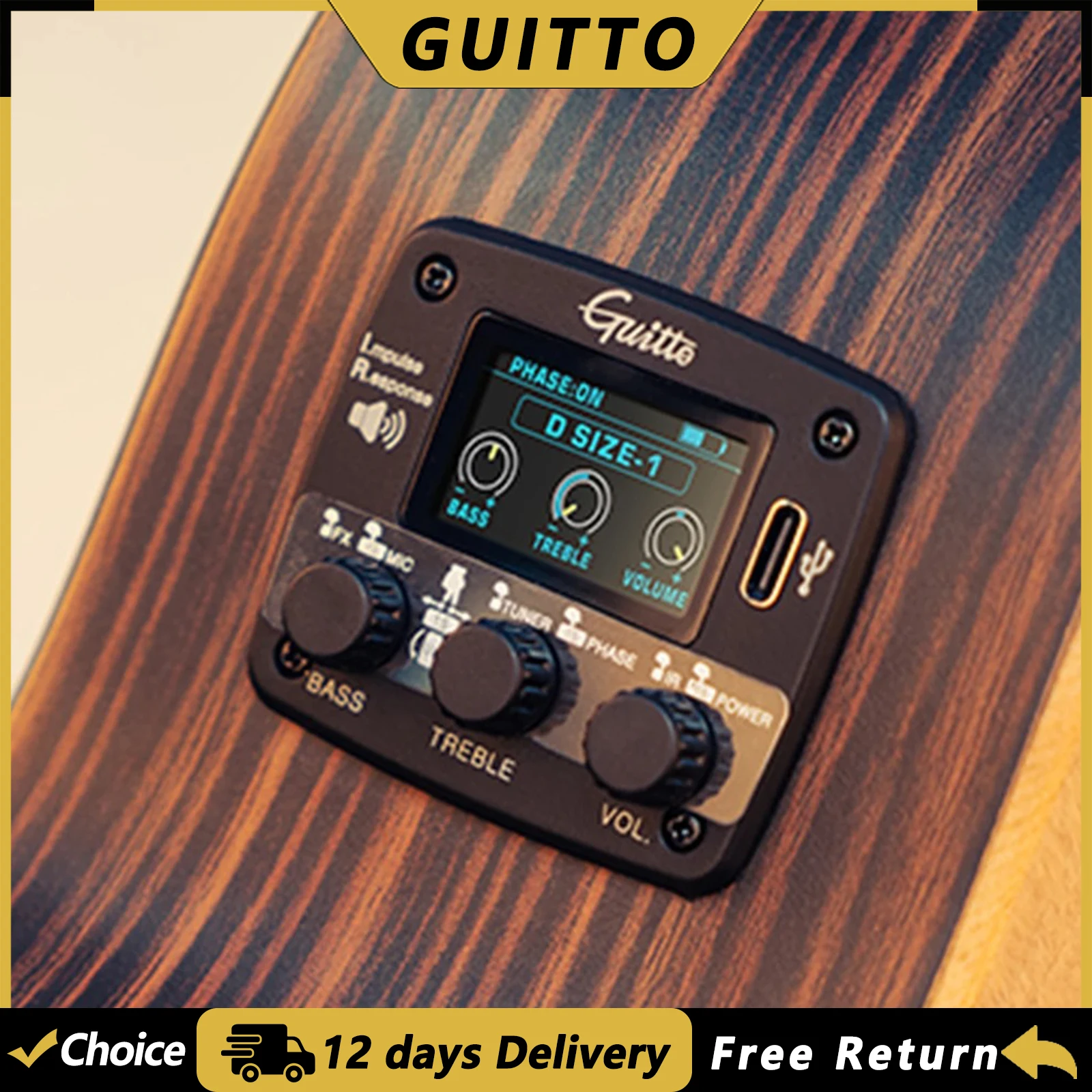 GUITTO GGP-04 Acoustic Guitar Multifunctional Vibration Pickup IR Pickup for Live Streaming JOYO Digital Live Stream EQ