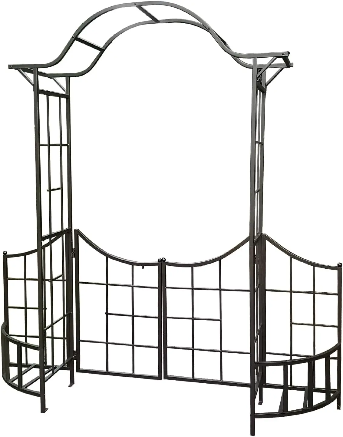 Decorative Steel Garden Arch Arbor Trellis With Gate, Fence And Planter Holders For Climbing Plants, 7.5 Ft Height, Brownish