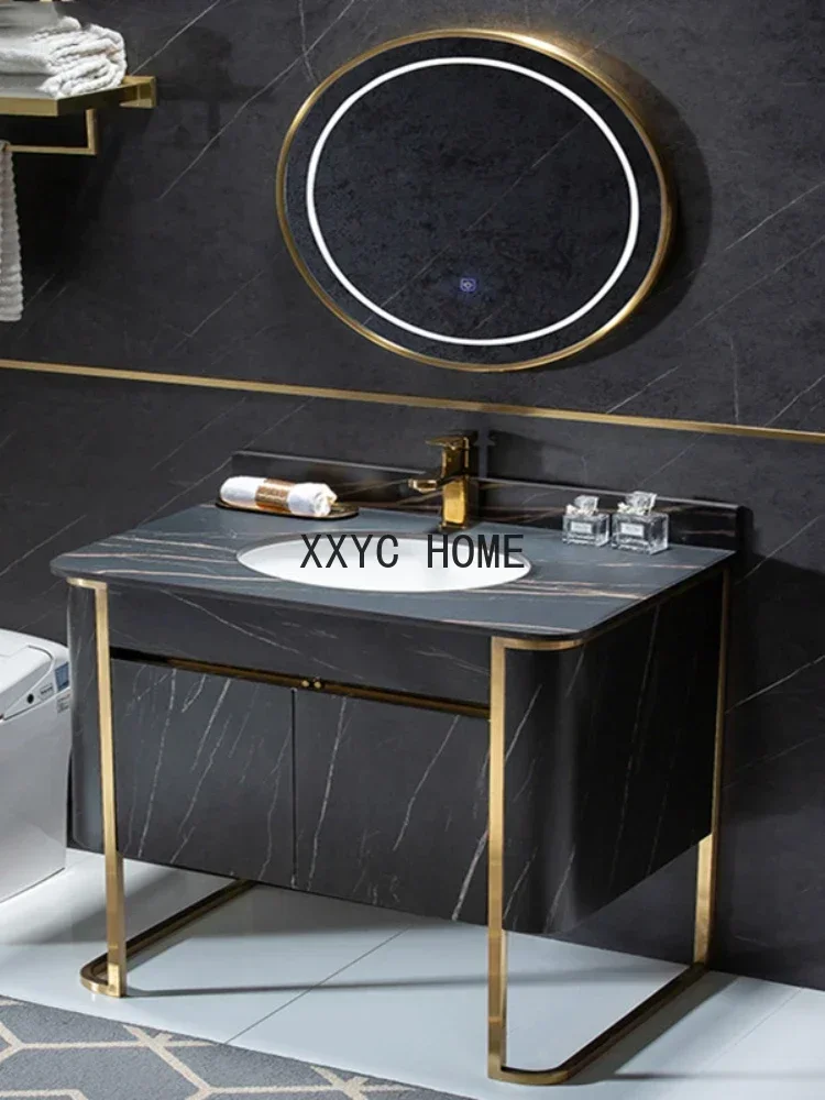 

Simple Modern 304 Stainless Steel Bathroom Cabinet Combination Bathroom Light Luxury Smart Floor Stone Plate Washbasin