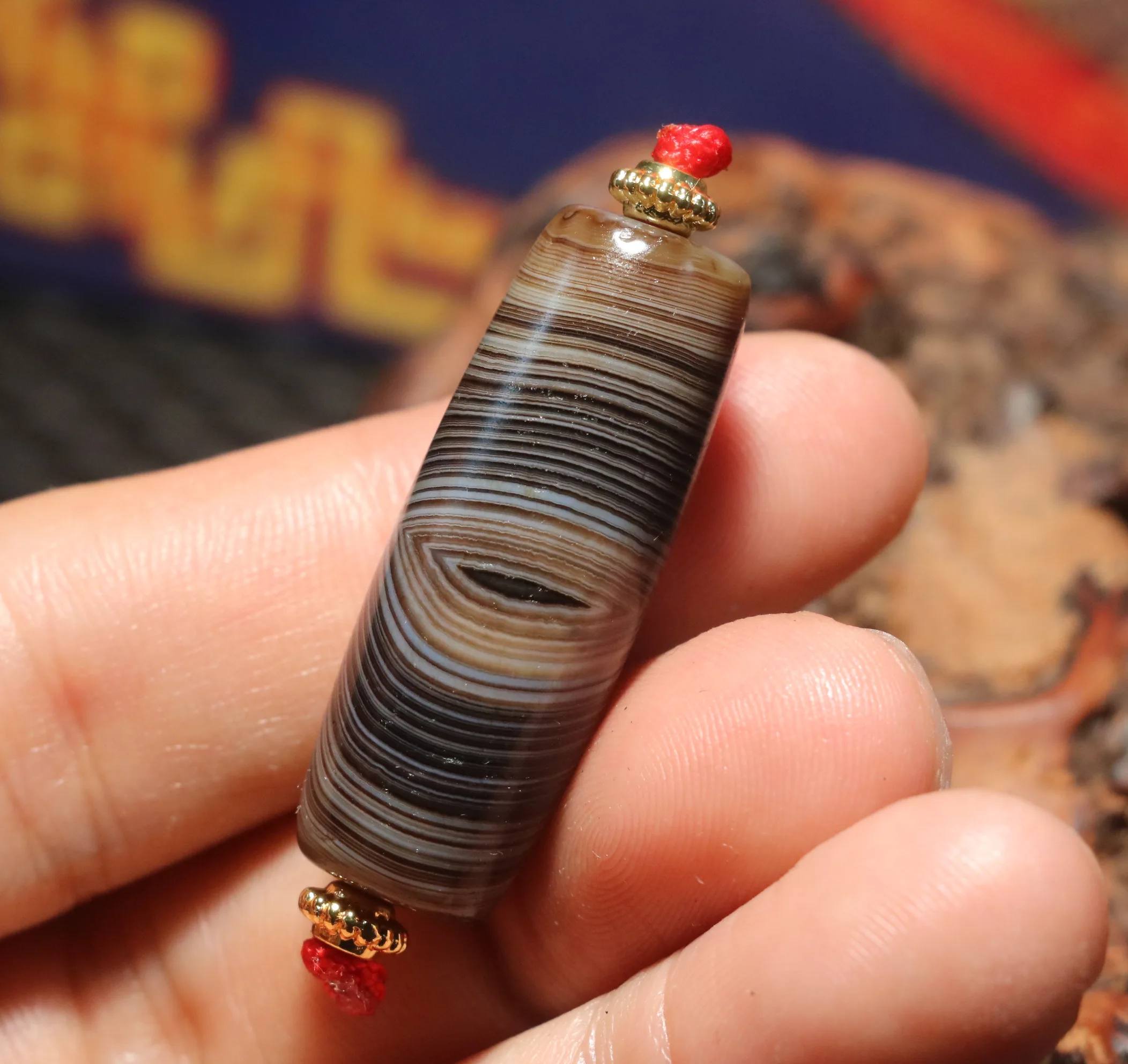 

AL Ultra Energy Tibetan Old Agate Natural Silkworm Line Eyed dZi Bead Pendant Amulet Big Treasure Timestown UPD21Asw