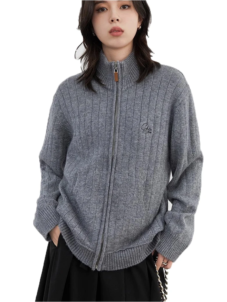 Chique ven coreano feminino cardigan de malha sólido bordado impressão solta nova gola alta blusas femininas outono inverno 2024