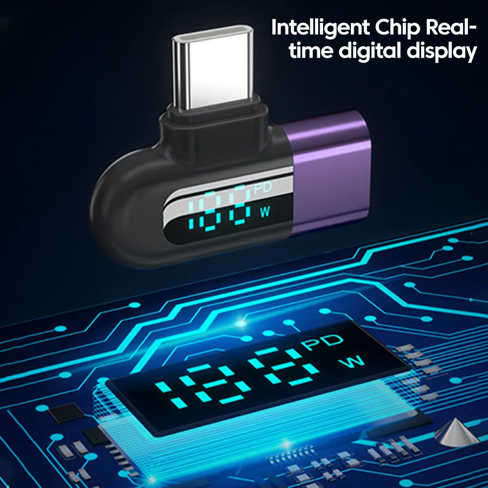 120W Elbow 90 Degree OTG Type C To Type C Adapter Digital Display 6A Fast Charge Data Transfer USB C To C Connector With Lanyard