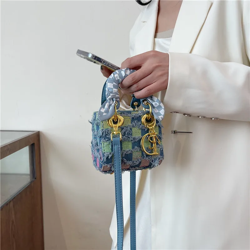 New Fashion Denim Silk Scarf Color Contrasting Mini Handbag Single Shoulder Diagonal Cross Women's Bag