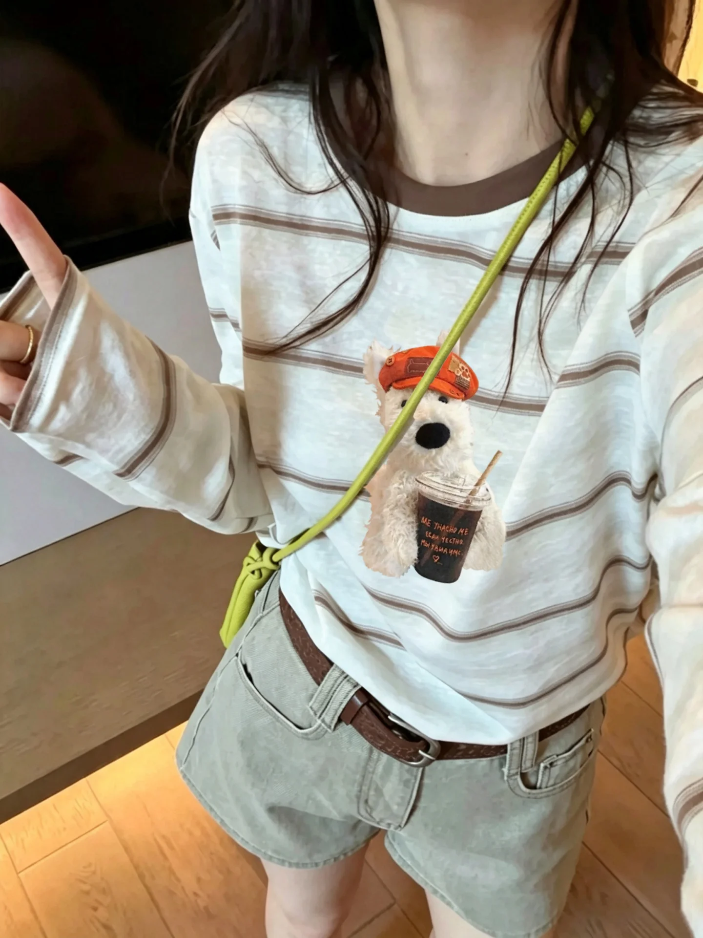 Retro Korean Long Sleeve T-Shirt Women's Cartoon Print Anti-Aging White Stripe Snowflake Cotton Sunshade Cover up