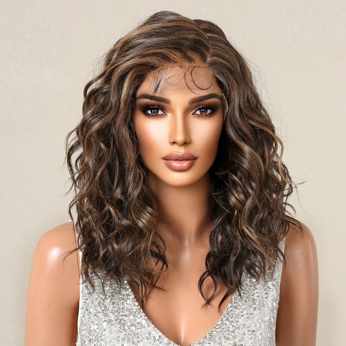 HAIRCUBE Medium Brown Mixed Golden Highlight Lace Front Synthetic Wigs for Afro Women Long Wavy Natural Lace Hair Daily Use Wigs