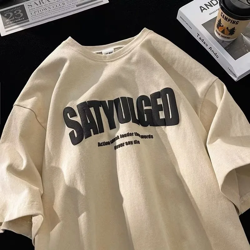【M-8XL wearable130KG】Men's T-Shirts Cotton Pullover Oversize Short Sleeve Plus Size Hong Kong style Letter SAT Print T-shirts