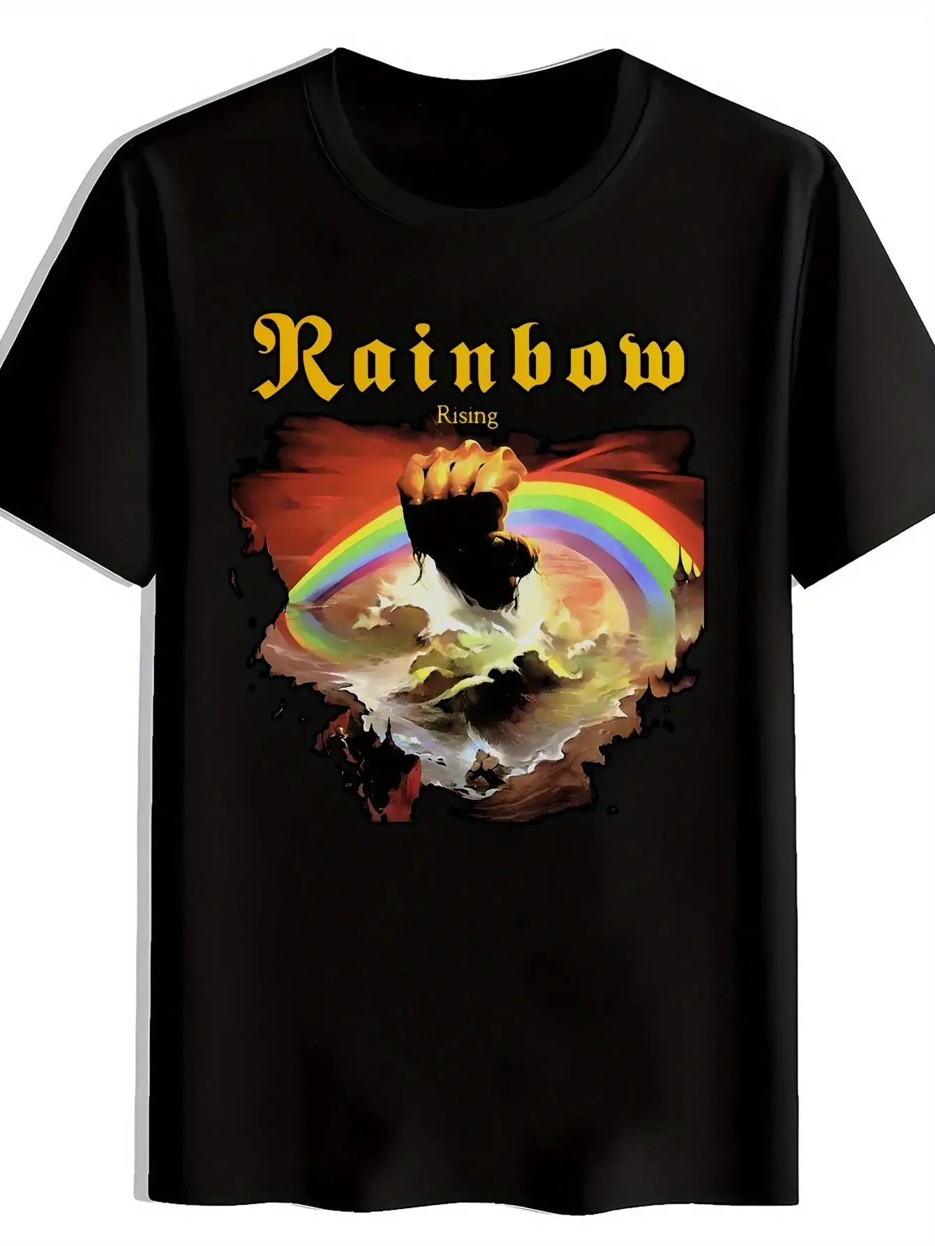 Y2k punk t camisas retro rock band gráfico camiseta arco-íris subindo design com punho arco-íris preto tripulação pescoço manga curta camiseta