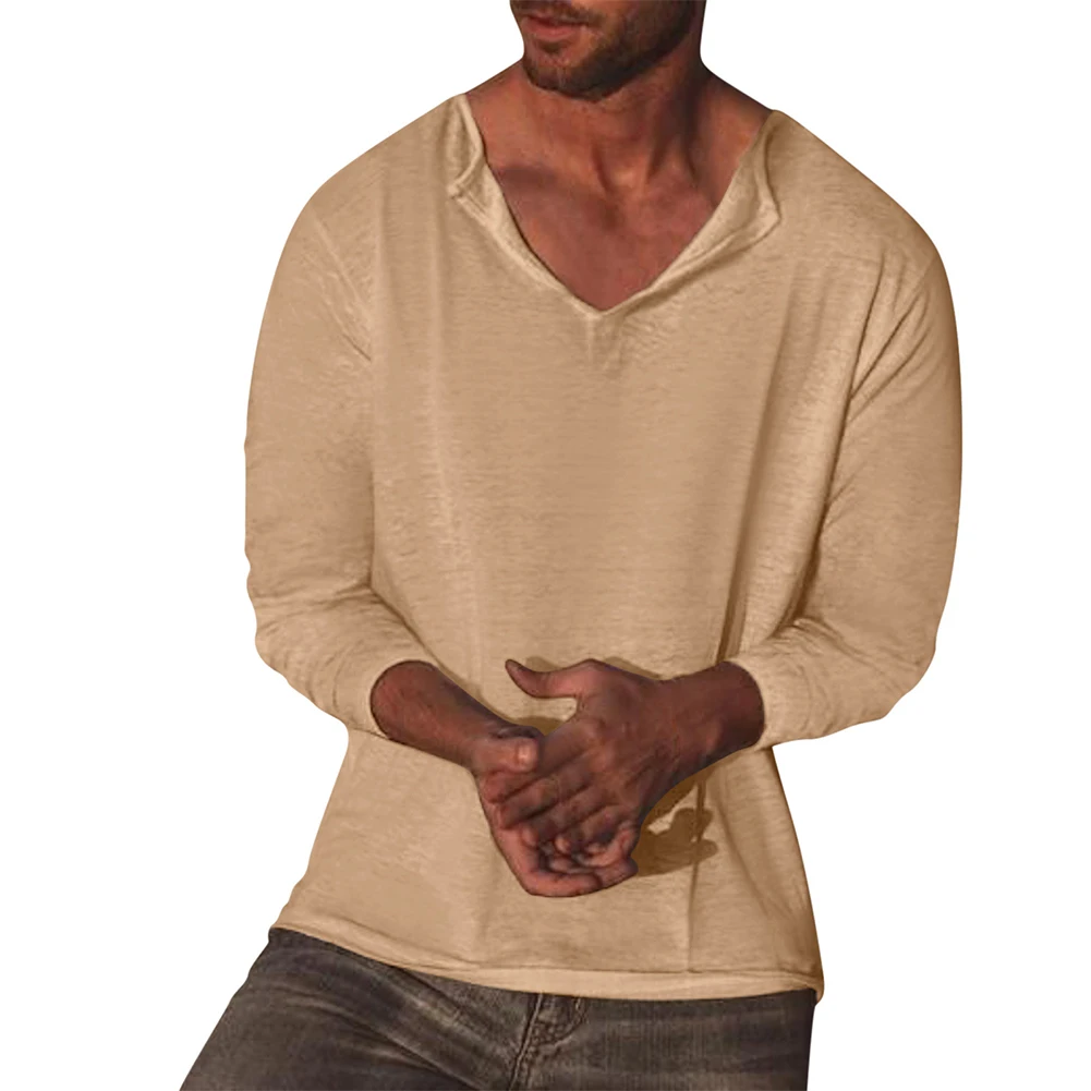 

Мужская хлопковая футболка с V-образным вырезом, блузка с длинным рукавом, Повседневная Свободная футболка, Топы, дышащая блузка