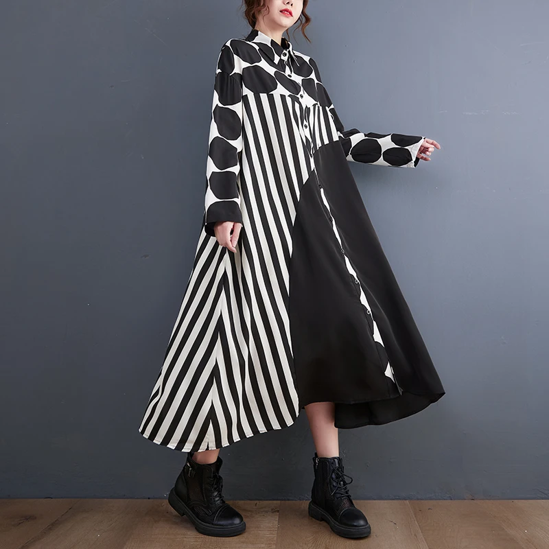 봄철 패션 큰 사이즈 물방울 무늬 원피스 여성 무릎 길이 라운드 도트 프린트 캐주얼 오피스웨어 롱 슬리브 원피스