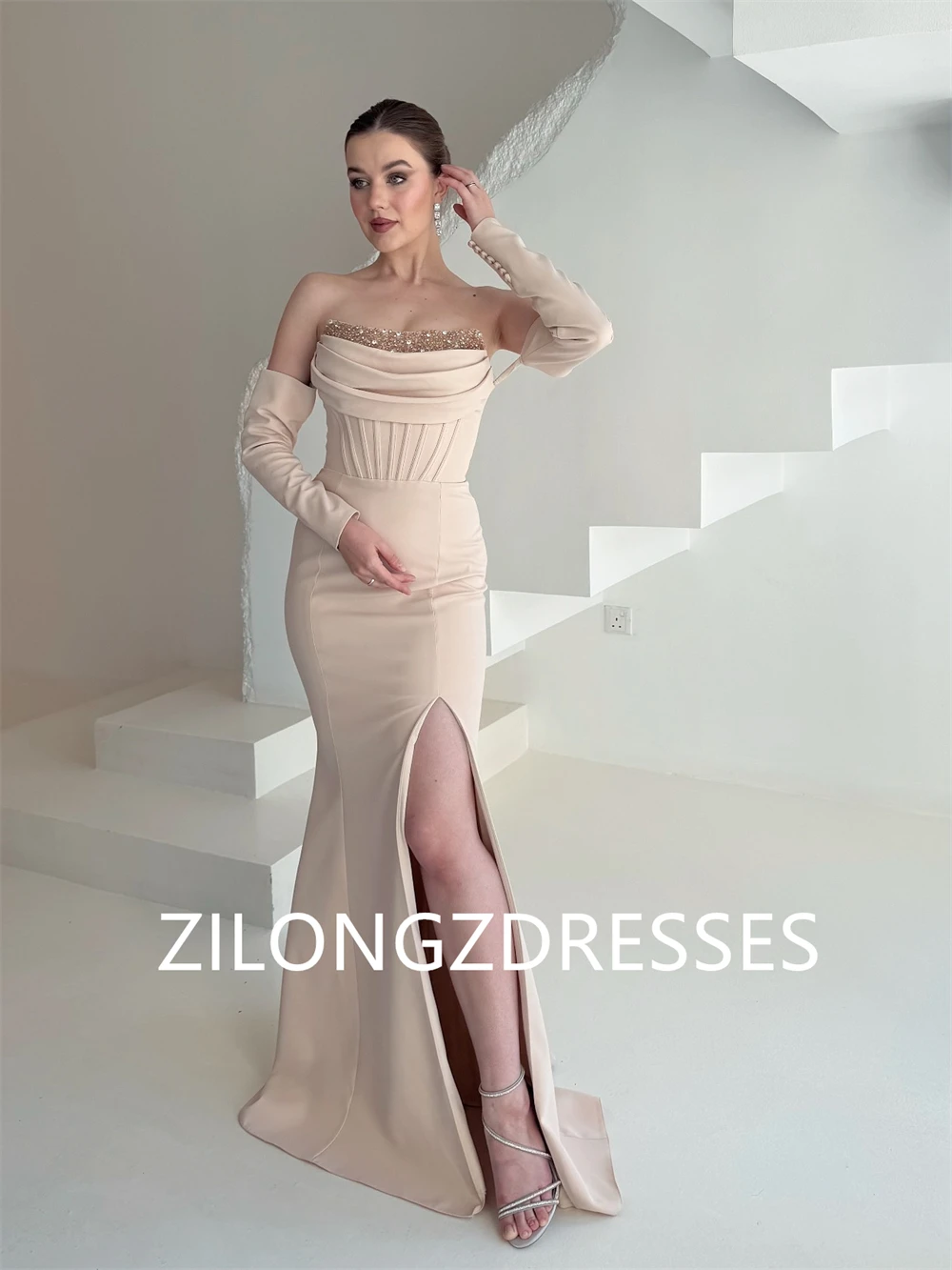 

Customized Simple Jersey Evening Dresses Exquisite Strapless Detachable Sleeve Homecoming Dresses Fashion Special Occasion Gowns
