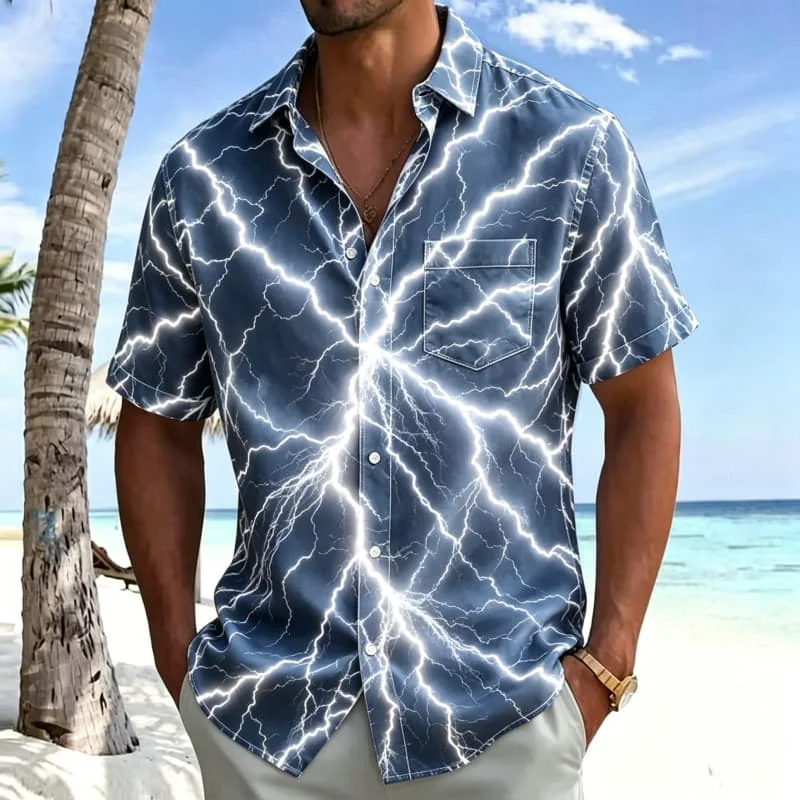 

Men's Ocean Storm printed short sleeved shirt, full of power and visual impact, suitable for beach party scenes.