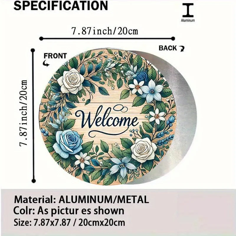 2D Flat, 1pc Round Welcome Decorative Wreath Metal Sign, Elegant Floral Design with Blue & White Roses, Aluminum Wall Art for Ho