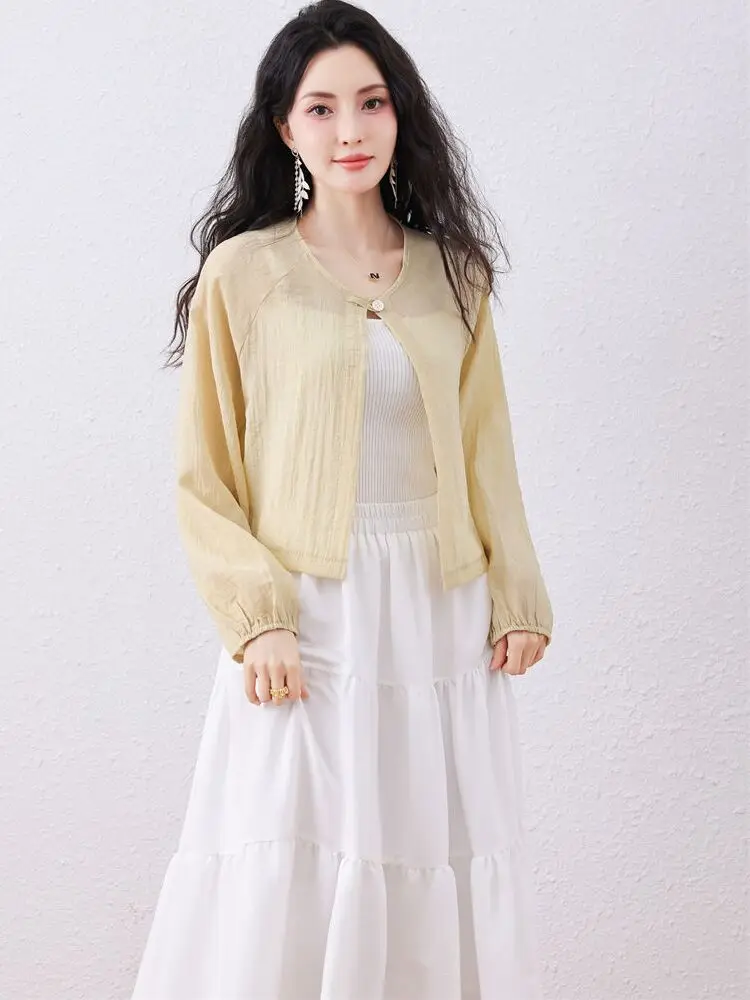 

Single Button Loose Air Conditioned Shirt Long Sleeve Transparent Light Weight Top Mint Wave Style Summer Breathable Top