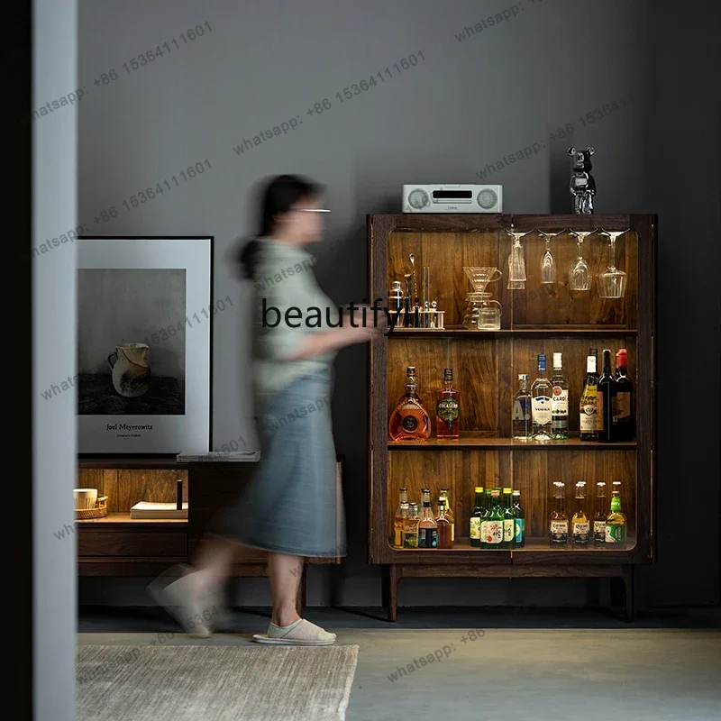

Solid wood wine cabinet Nordic wall glass door with light display cabinet North American black walnut log bookcase