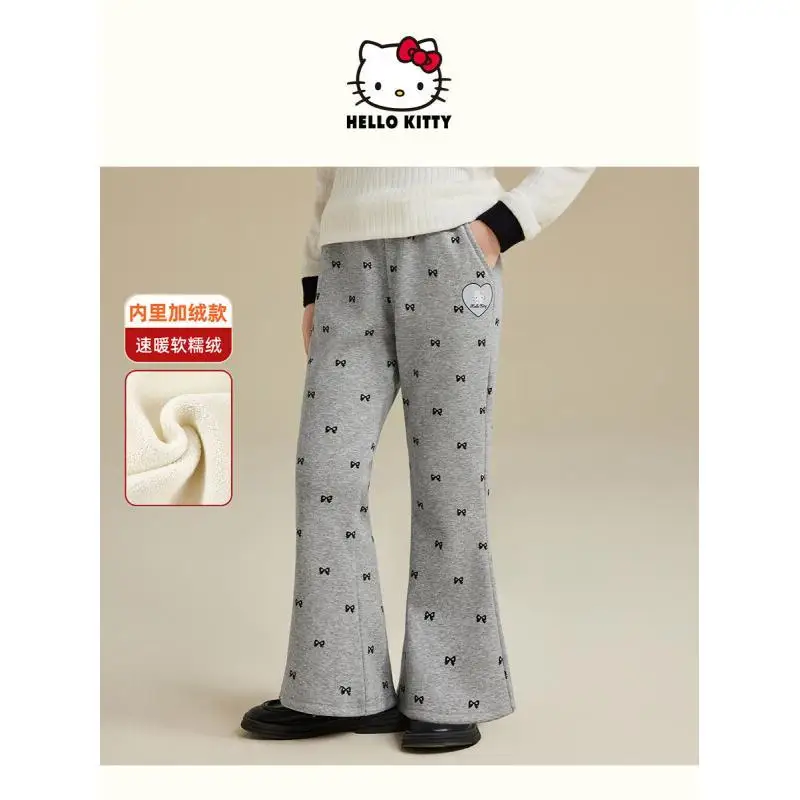 

Зимние повседневные брюки Sanrio Hello Kitty на флисовой подкладке, утепленные, с мультяшным принтом и бантом, новинка 2025 года, для девочек старшего возраста