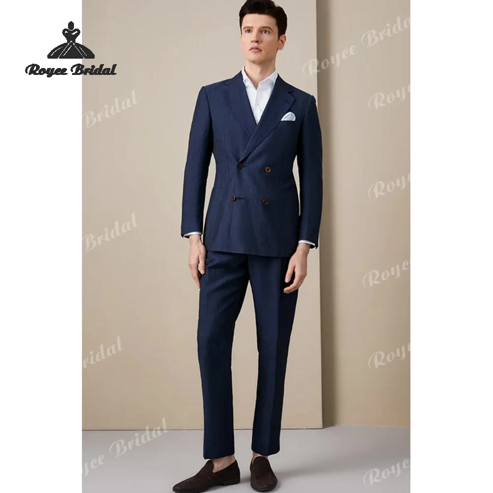 Dark Blue Two Piece Double Breasted Men's Wedding Suit 2026 Notch Lapel Evening Suit Customized trajes para hombre