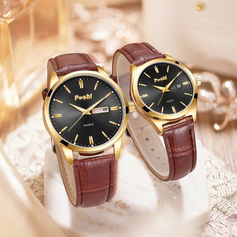 POSHI Couple Watch Luxury Fashion Quartz Wrsitwatch Leather Strap Date Week Display Lover's Clock Best Gift With Box