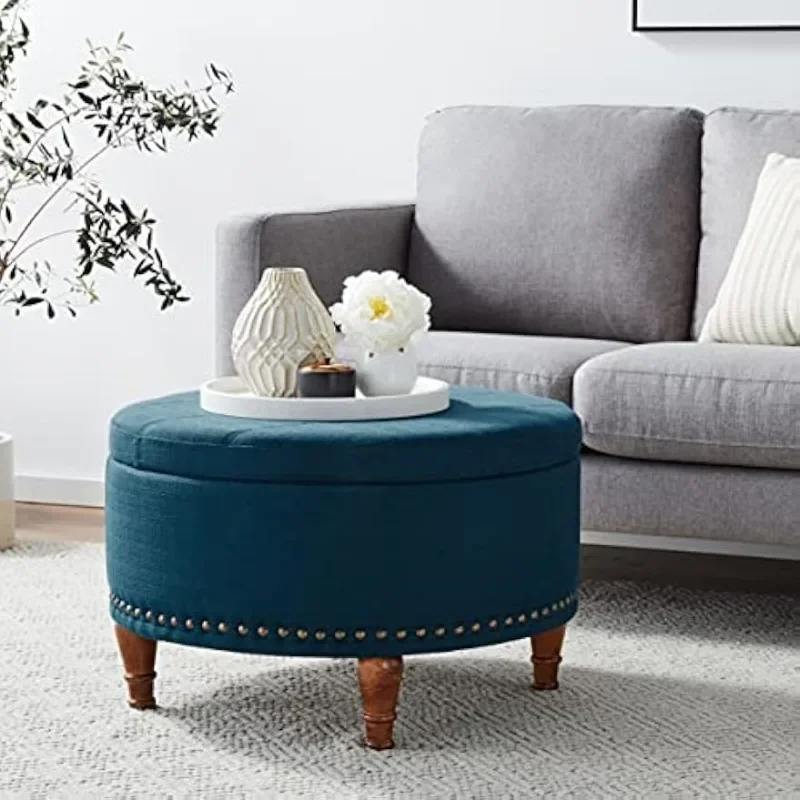 Pouf portaoggetti Alloway arredamento con chiodi in bronzo antico, tessuto azzurro