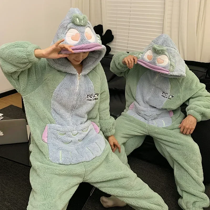 Warm Pijama Cartoon Thicken Couple Men Lover Women Soft Coral Pajamas Kigurumis Pyjamas Sleepwear Jumpsuits Winter Onesie Fleece