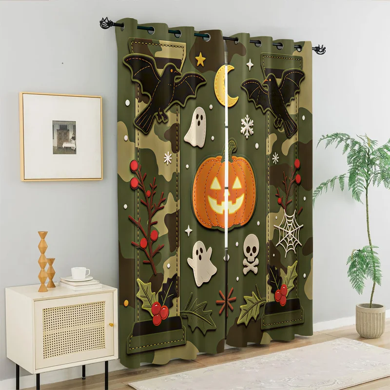 Camo Green Halloween Window Curtain Vintage Pumpkin Bat Ghost Crow Patch Print Drapes Fashion Curtains Home Holiday Decor Gift