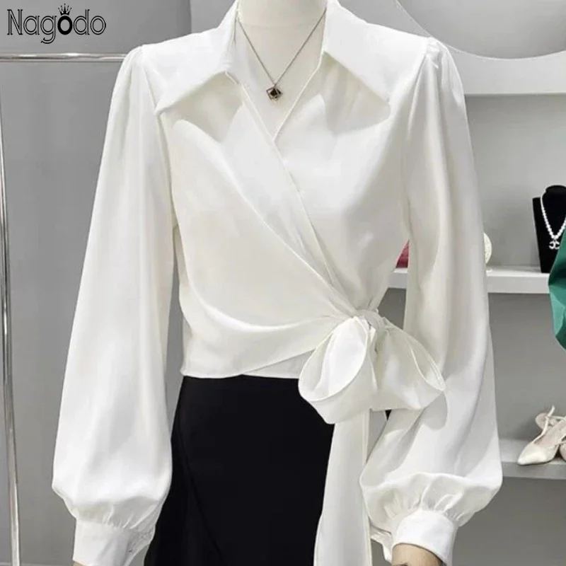 

Women Long Sleeve Shirt Turn-down Collar Tee Asymmetry Top Satin Summer Ice Silk Lace-up Patchwork Women's Blouse Plain Shirts