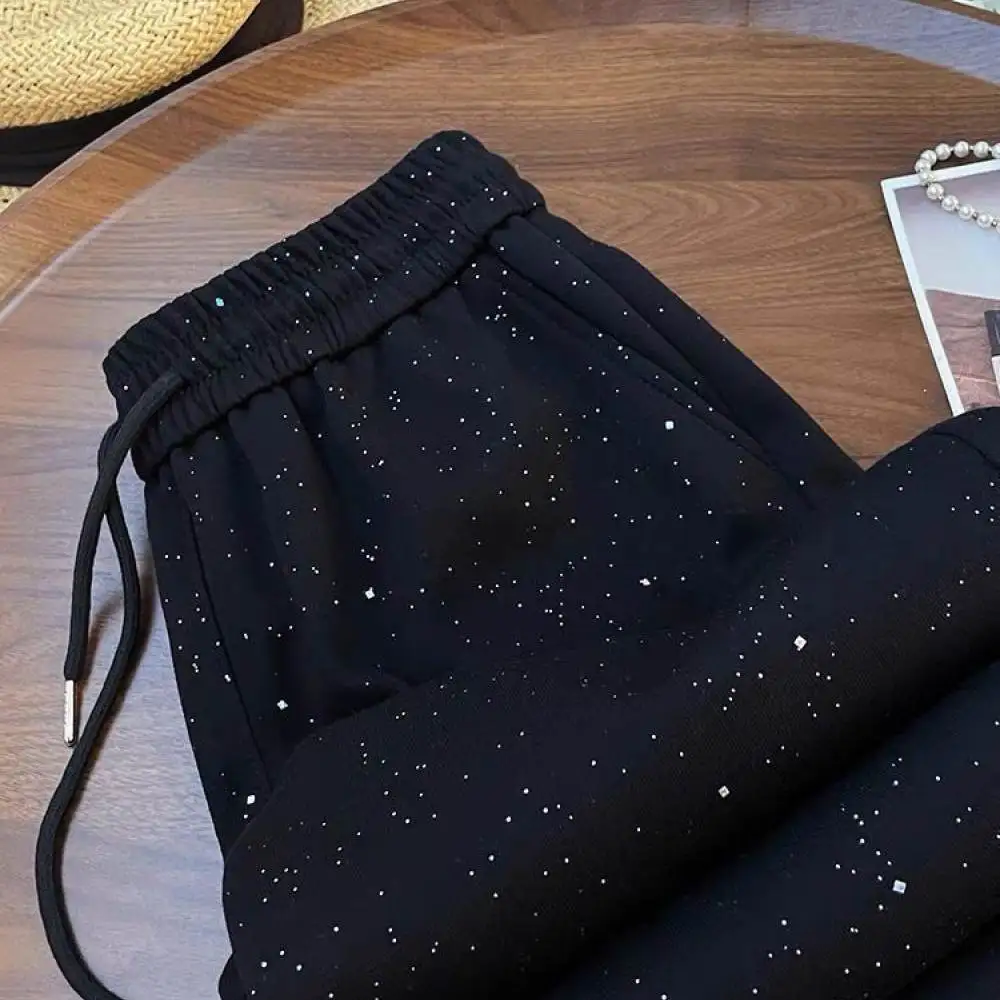 Elegant Ladies High Waist Straight Leg Pants Shiny Glitter Fabric Casual Summer Trousers Loose Fashionable Bottoms