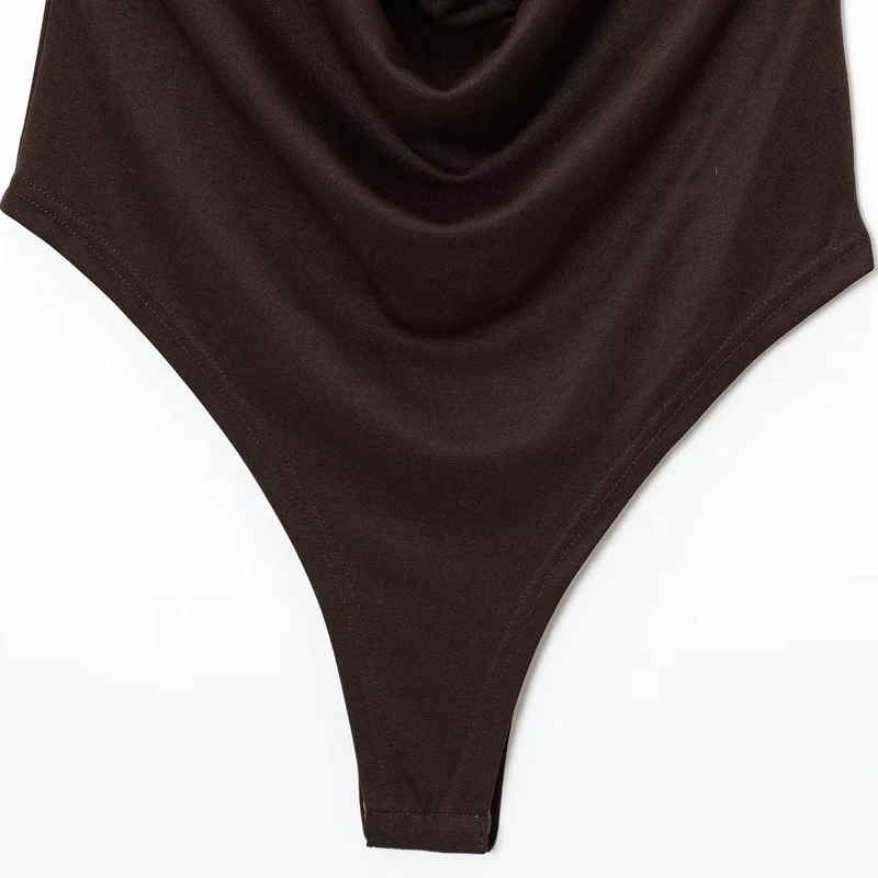 HXAO Halter Neck Bodysuits Sexy Summer Off Shoulder Bodysuit Women Brown Top Ruched Ring Backless Thong Bodysuit Woman One Piece image 6