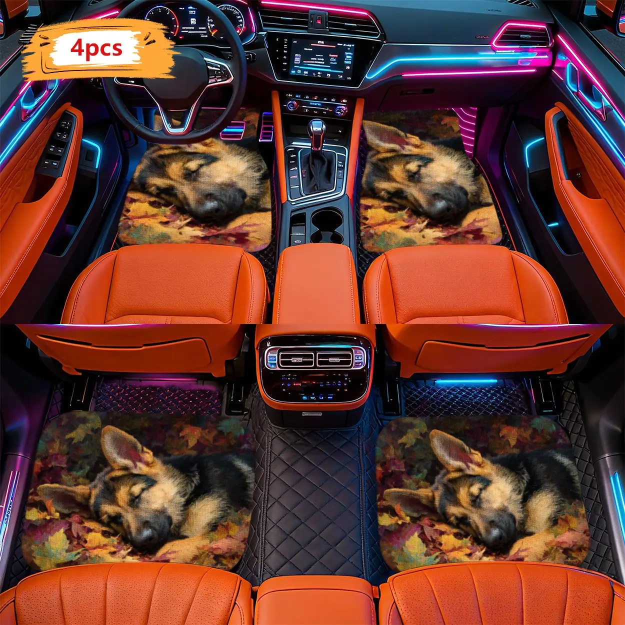 2D Floor Mats Featuring 4pcs Of Modern Minimalist Design With A Sleeping German Shepherd, Suitable For Various Car Models, Easy