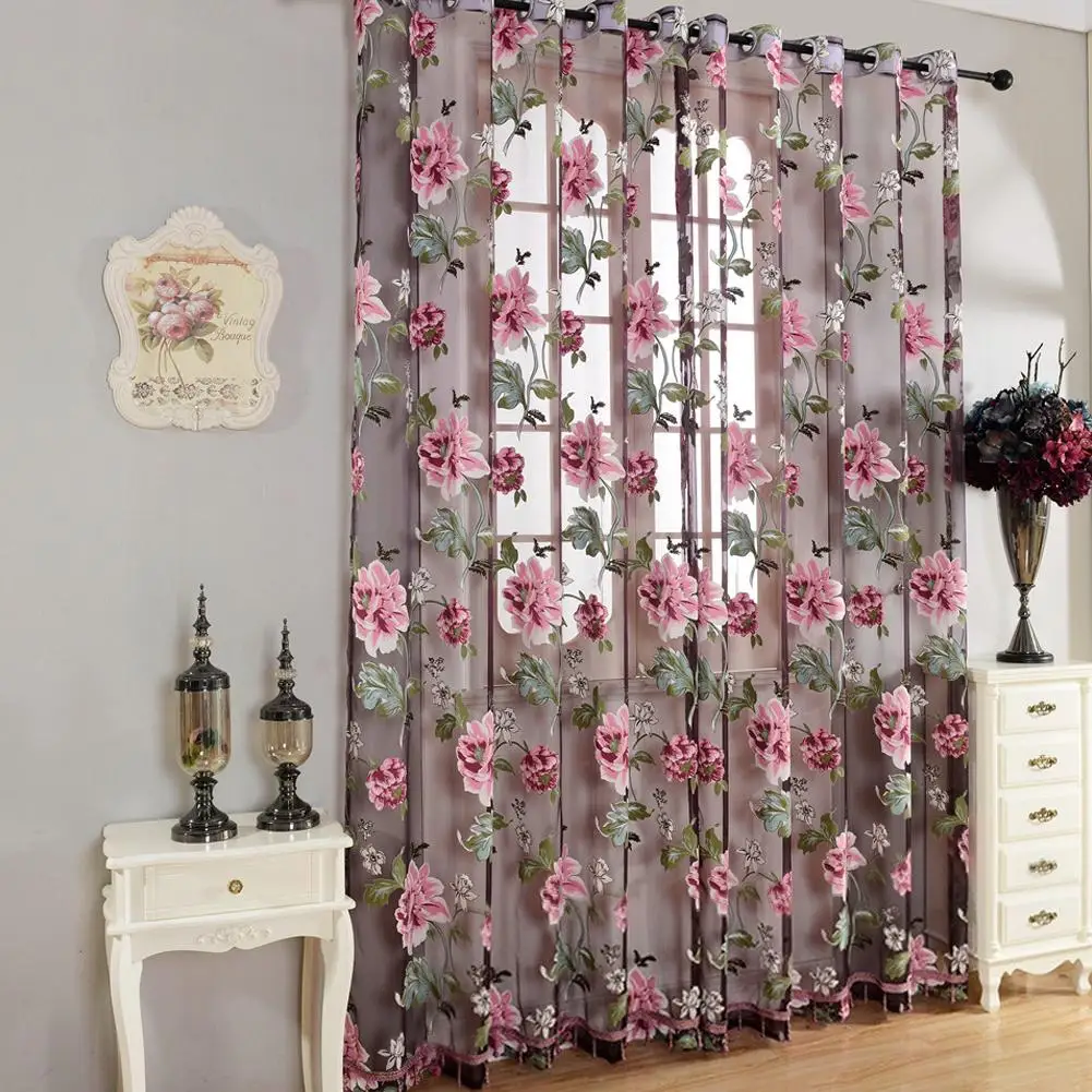 

1PC Peomies Embroidered Curtain with Holes Beads Light Transmission Door Window Curtain for Living Room Bedroom