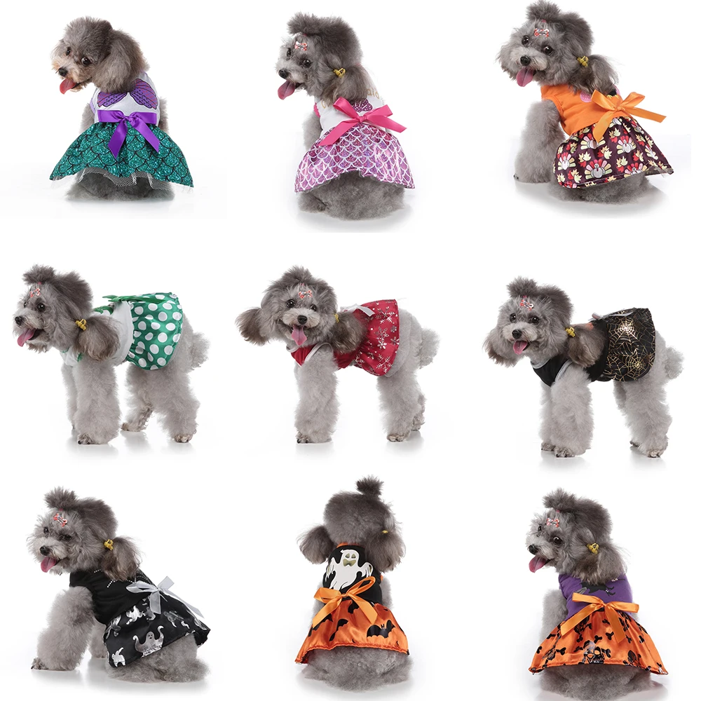 Dog Funny Halloween Cosplay Costume Dresses Striped Mermaid Outfits Clothes Christmas Skirt  Coat Dress with Hat for Pomeranian