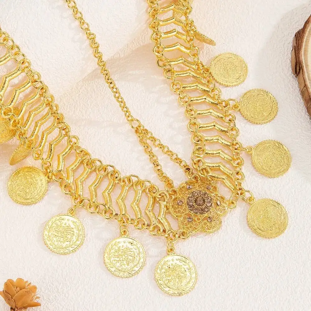 الهندي الزفاف رئيس سلسلة سبائك الذهب اللون الجوف حجر الراين زهرة عملة شرابة اكسسوارات الزفاف العروس غطاء الرأس للنساء